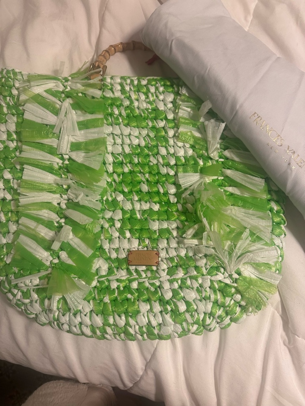 Frances Valentine Green & White Woven Shoulder Bag with Tassels